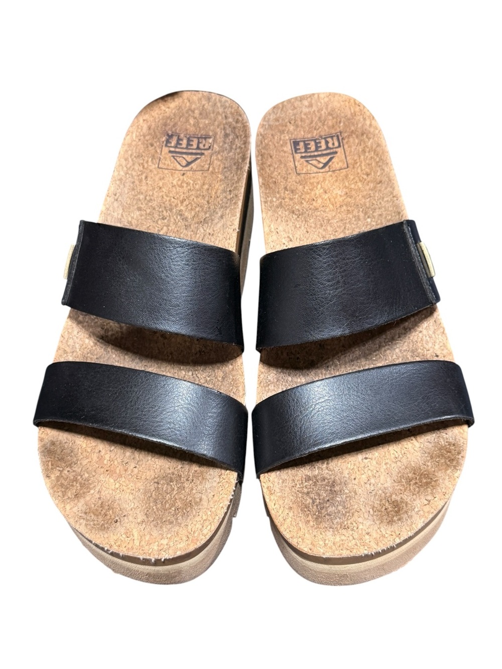 Reef Cushion Vista Higher Sandals Size 9 Black Tan Vegan Leather Platform Chunky - Picture 2 of 8